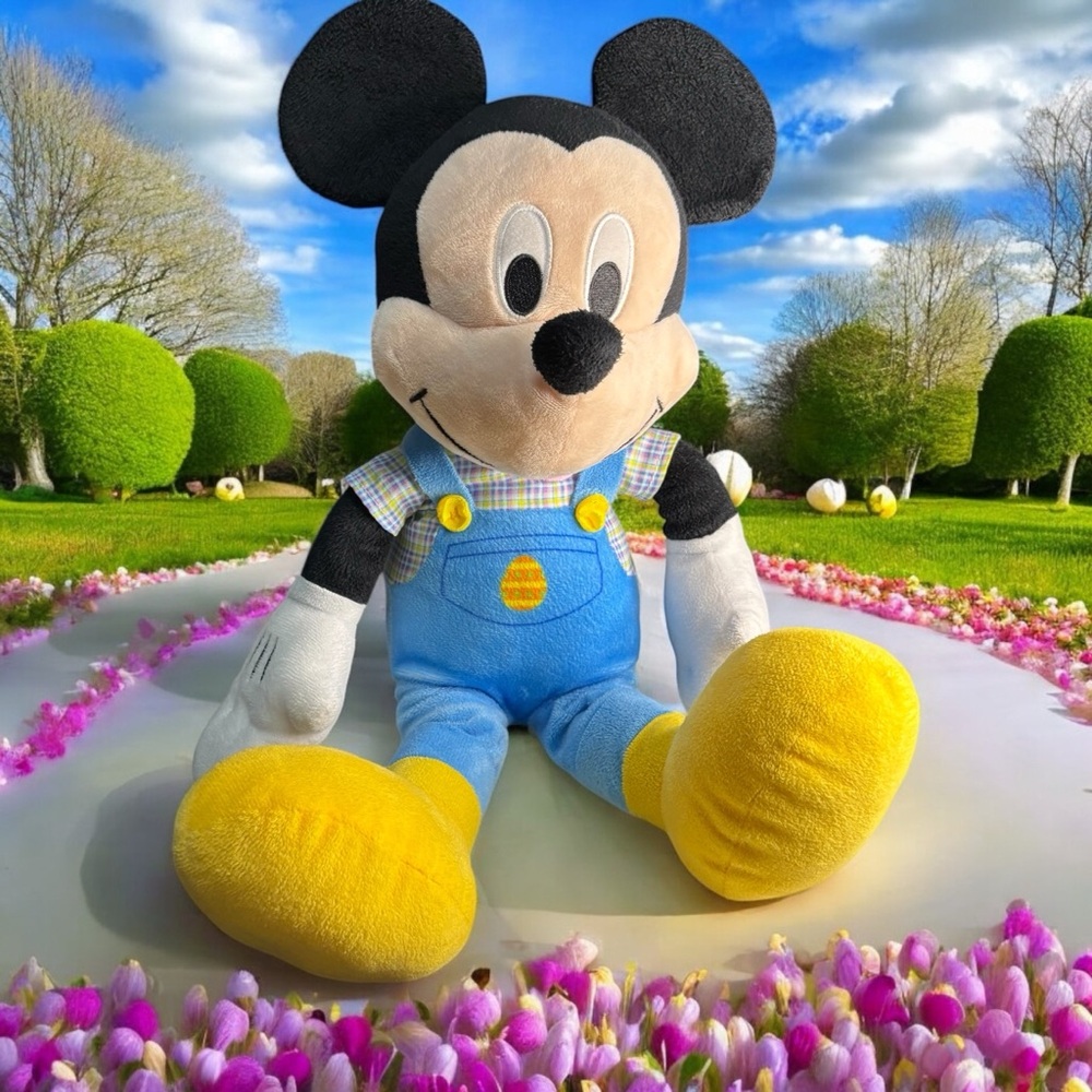 Disney Easter Mickey Mouse Plush Stuffed Animal Toy- Blue Overalls Plaid Shirt